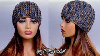 How To Crochet A Ribbed Beanie Hat - Bag-O-Day Crochet Tutorial #570