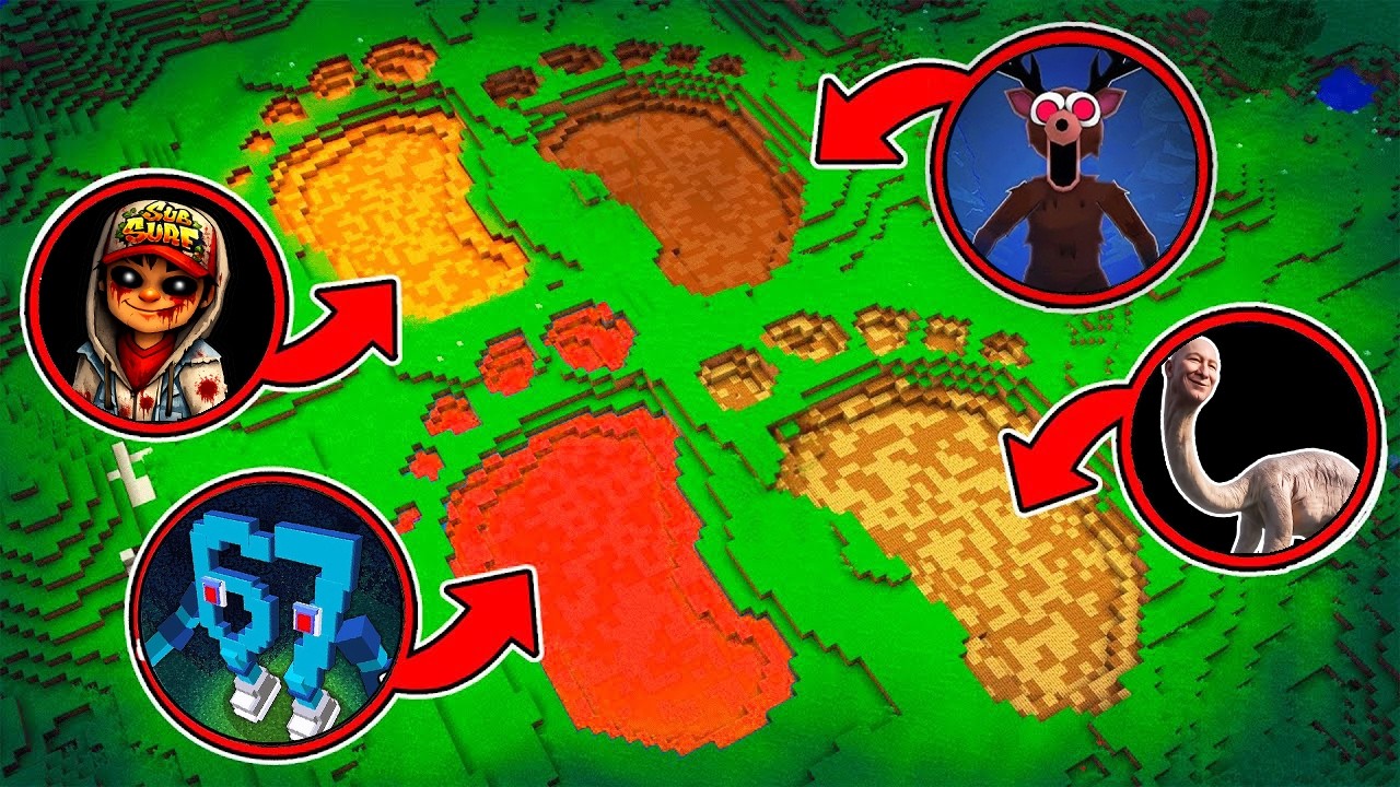 ¡Encontre las 4 HUELLAS ATERRADORAS de 67, TALASOFOBIA, SUBWAY y 99 NOCHE en el BOSQUE en Minecraft!