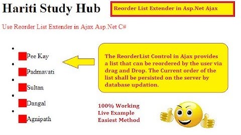 Reorder List Extender Control in Ajax Toolkit | Asp.Net Website and C#  | Hindi | Free Online Class