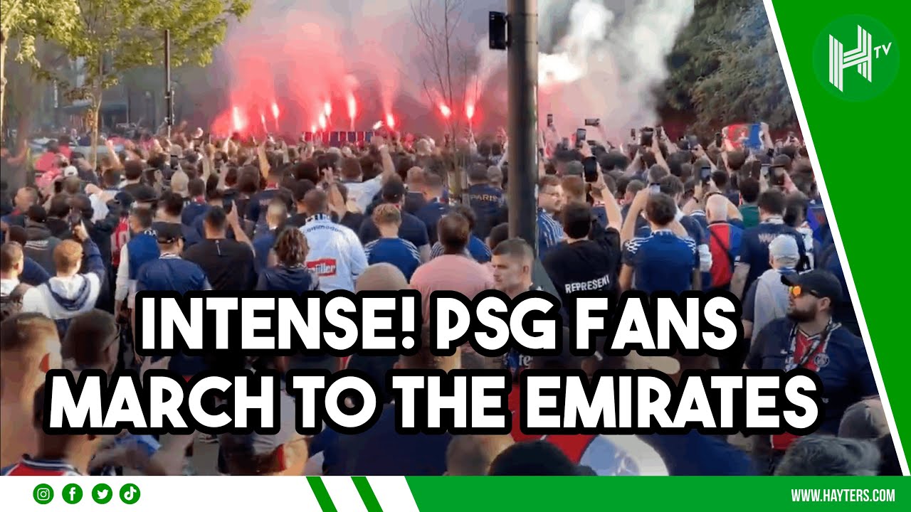 💥 INTENSE! PSG fans march to Emirates as atmosphere builds ahead of HUGE clash | Arsenal v PSG