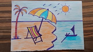 رسم شاطئ البحر خطوة بخطوة للمبتدئين  رسم فصل الصيف  تعليم الرسم /رسم سهل تعليم_الرسم رسم