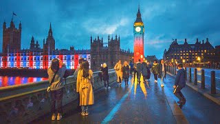 London Dusk Walk 🇬🇧 Big Ben Light Show to West End incl. Houses of Parliament Illuminations | 4K