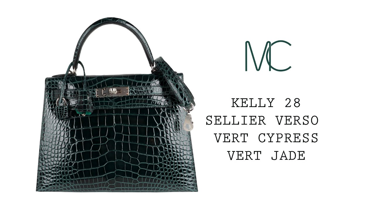 Hermes Kelly 28 Sellier Verso Vert Cypress / Vert Jade Bag Alligator  Palladium • MIGHTYCHIC • 