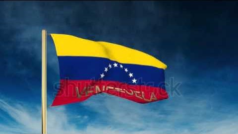 Venezuela flag slider style with title. Waving in the wind with cloud background animation Stock