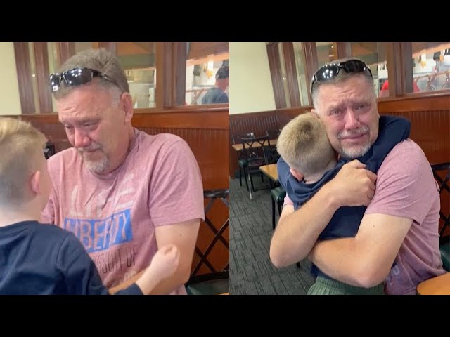 Grandson Surprises His Grandpa At Restaurant class=