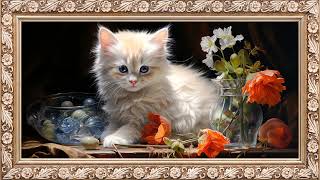White Kitten & Flowers | 4K Frame Art | No Sound | 8 Hours screenshot 1