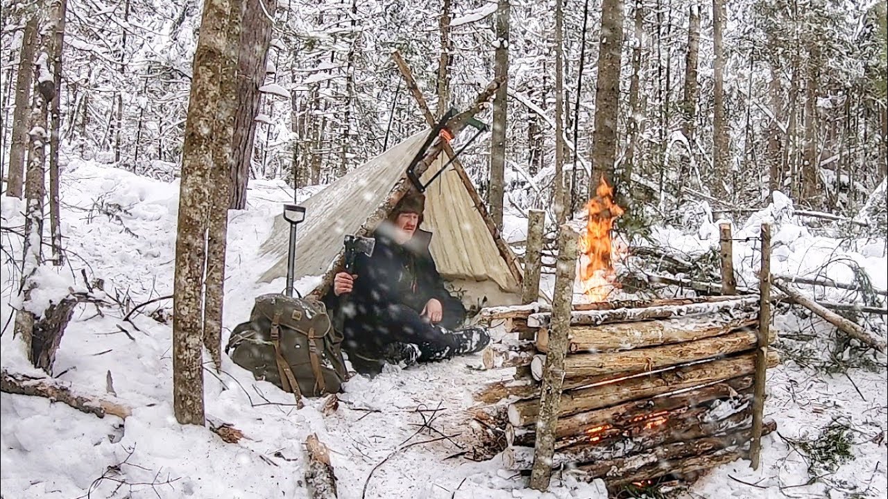 SOLO WINTER Bushcraft CAMP in Snow Covered Forest post Snowstorm