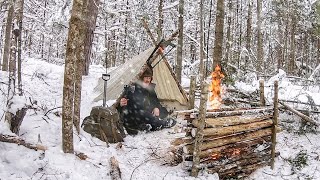 SOLO WINTER Bushcraft CAMP in Snow Covered Forest post Snowstorm | Shelter Build & Cowboy Coffee
