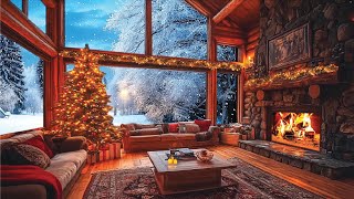 Cozy Winter Cabin Ambience βοΈ | Crackling Fireplace, Falling Snow & Christmas Jazz Music π