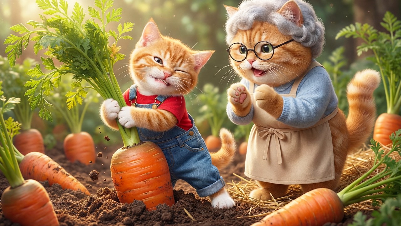 🐱🥕 Little Kitten’s First Farm Adventure! Harvesting Fresh Carrots with Grandma Cat 💖