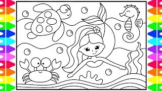 How to Draw a  Mermaid Step by Step for Kids 💜Mermaid Drawing 🦀🐠 Fun Coloring Pages for Kids