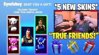 TFUE REACT TO HIS FRIENDS *GIFTING* HIM SKINS, EMOTES \& PICKAXES! - FORTNITE FUNNY MOMENTS