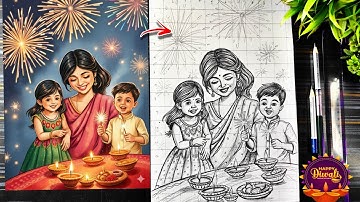 Diwali Drawing, How To Draw Diwali Festival, Diwali Family Celebration Scenary Drawing, Step By Step