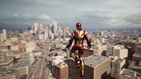 Iron Man flying around in the UE5 City Sample