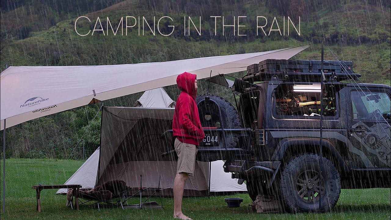 CAR CAMPING in RAIN [ Silent Vlog, Natural Sounds, Jeep Wrangler, ASMR ]