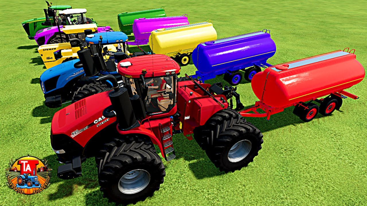 JOHN DEERE vs NEWHOLLAND vs CLAAS vs CASE STEIGER BATTLE WITH GIANT TRACTORS AND WATER TANKS | FS22