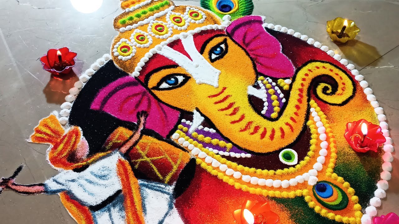 Big, multicolored, creative and attractive rangoli for Ganesh ...