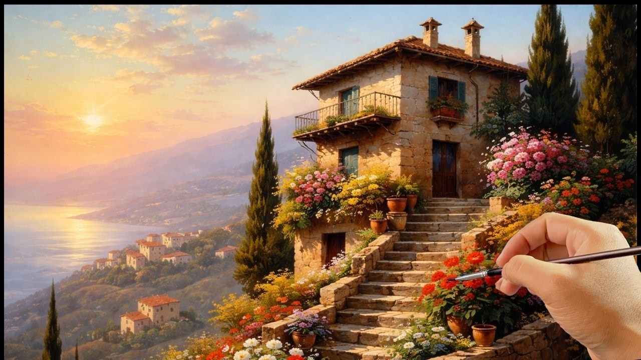 🎨 Painting a Dreamy Hillside Flower Cottage at Sunset | Relaxing Acrylic Landscape Tutorial | #067