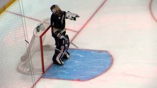 Jonas Hiller warms up during the Coyotes @ Ducks hockey game