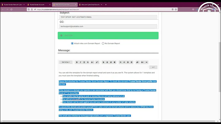 How to personalise the free SPOOF email test content in Trusted Sender Network