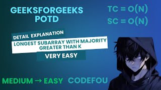 GFG POTD | Longest Subarray with Majority Greater than K | Java & C++ | 2-8-25