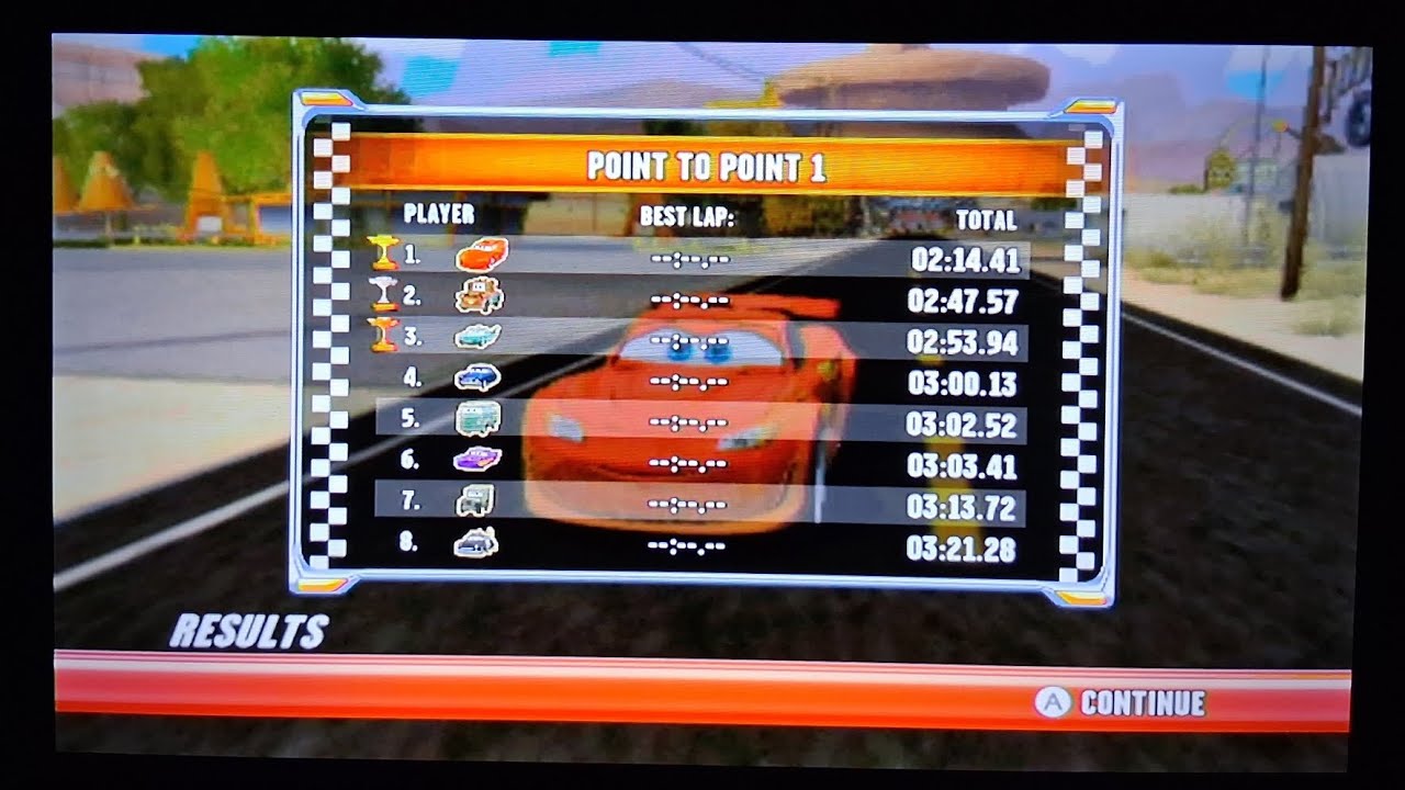 Cars Race-O-Rama Wii - 2:14.41 Point to Point 1 Glitchless (Tailfin Pass Race)