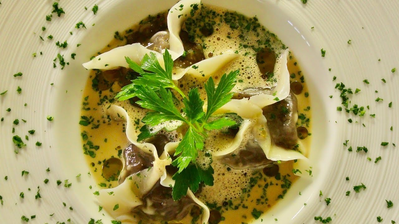 Mushroom Ravioli, Chicken Porcini Sauce Emulsion Bruno Albouze THE