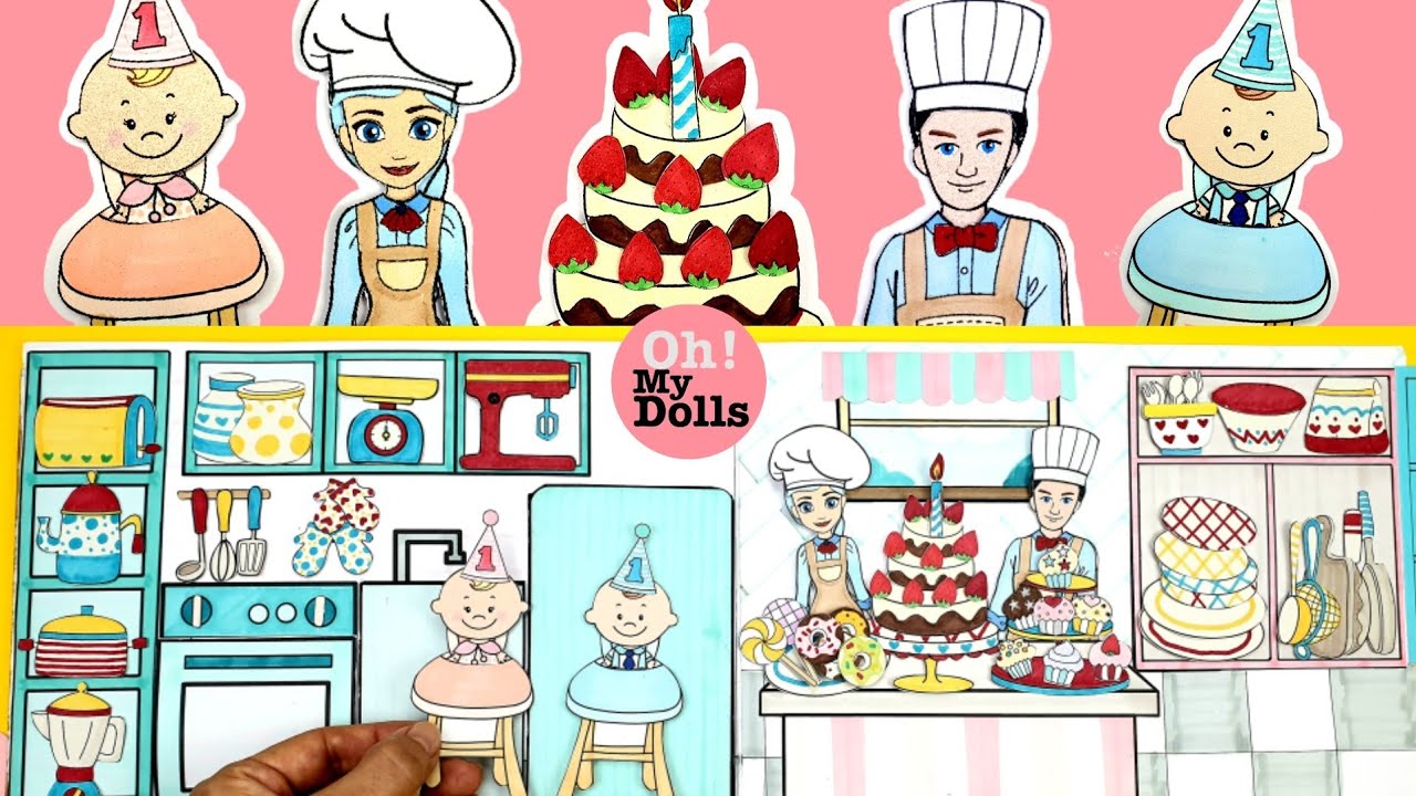 DIY DOLLHOUSE KITCHEN PAPER DOLL QUIET BOOK BIRTHDAY CAKE BAKING TABLE