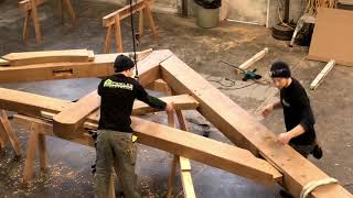 Timber frame mortise and tenon truss with spline detail