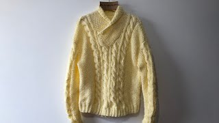 How to knit cable sweater / jumper in two needles with wrapping neck - step by step tutorial