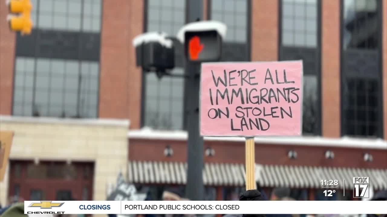Anti-ICE protesters demonstrate in downtown Grand Rapids amid bitter cold temperatures