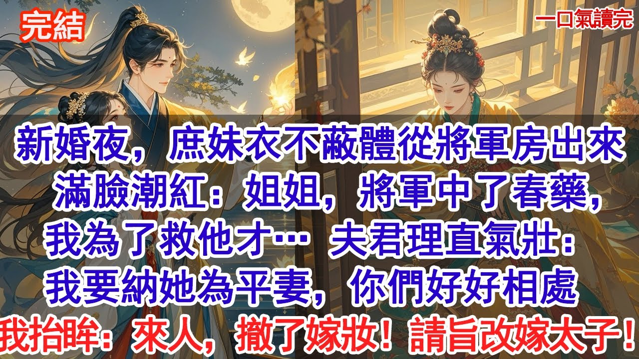 新婚夜，庶妹衣不蔽體地從將軍房裡出來，滿臉潮紅：姐姐，將軍中了春藥，我為了救他才…夫君理直氣壯：我要納她為平妻，你們好好相處。我抬眸冷笑：來人，撤了嫁妝！請旨改嫁太子！#古風#追妻火葬場#愛情#小說