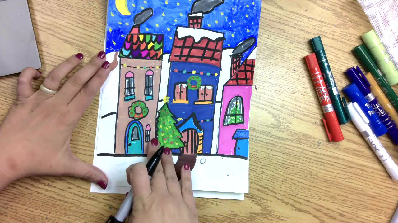 Нарисуйте рождественскую деревню. Легко для всех.