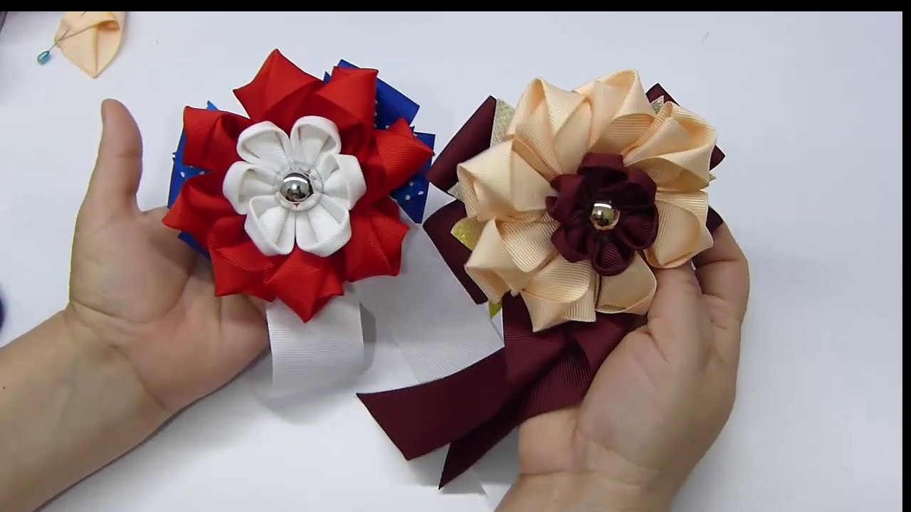 COMO HACER FLORES GRANDES 2  DISEÑOS puntas y Kanzashi Para decorar Lazos escolares