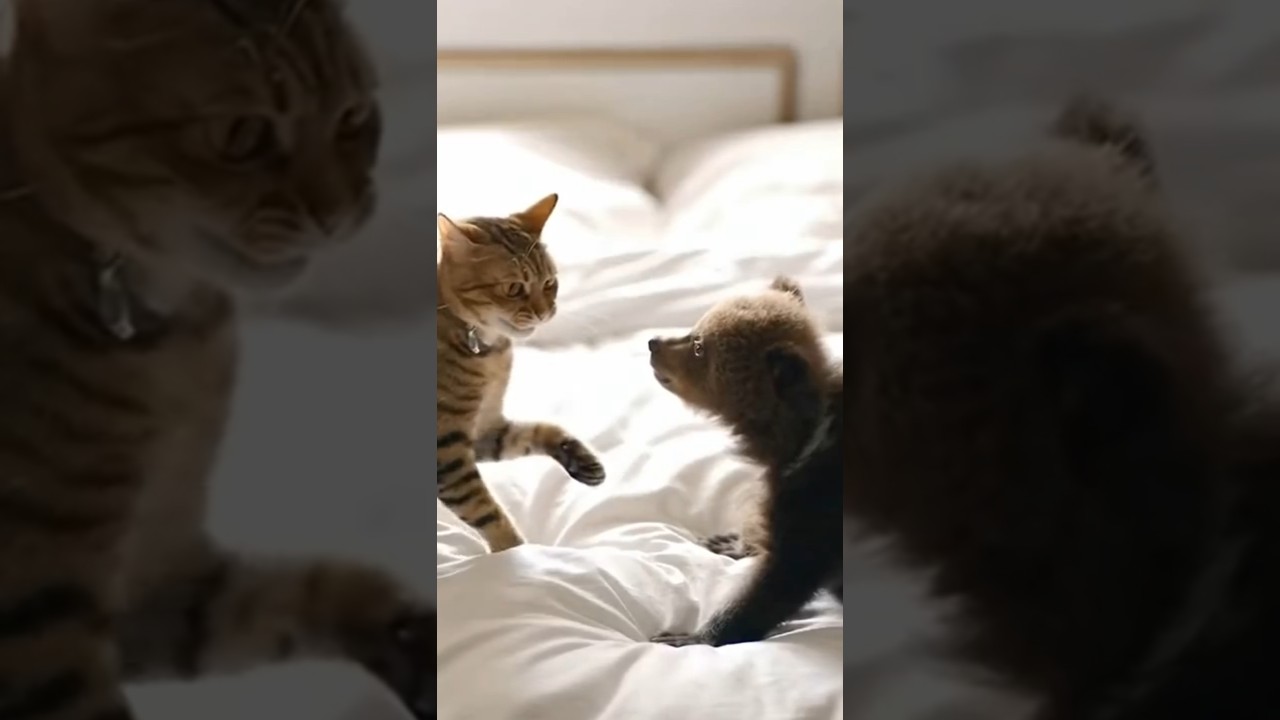 Снова попался! Кот бьёт медвежонка… Пока не пришёл папа