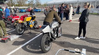 2024 Goodwood Members' Meeting  motorcycles in assembly area, then go on track
