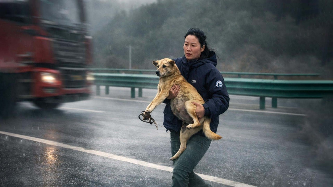 Испуганная беременная собака-мать зовет на помощь в условиях интенсивного движения на опасной
