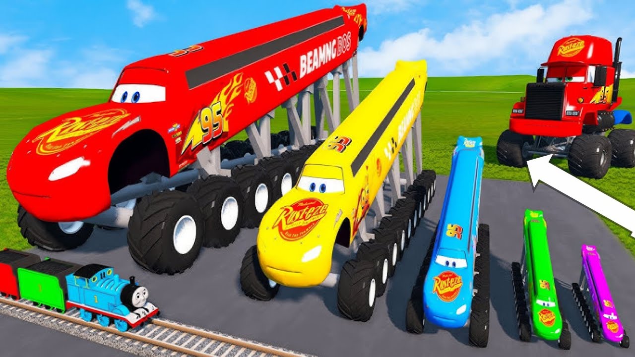 Big & Small Long lightning mac log trailer vs Trains | BeamNG Drive