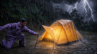 SOLO CAMPING IN HEAVY RAIN - STRUGGLE SET UP A TENT IN NON STOP RAIN, RELAXING RAIN SOUND