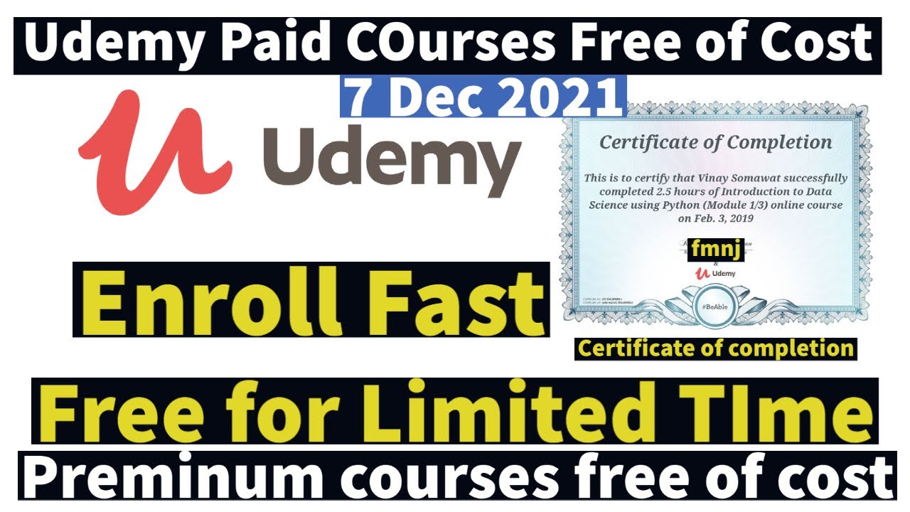 7 Dec Udemy Coupon Code 2021 Udemy Free Online Courses With Certificate Premium Courses Free Youtube