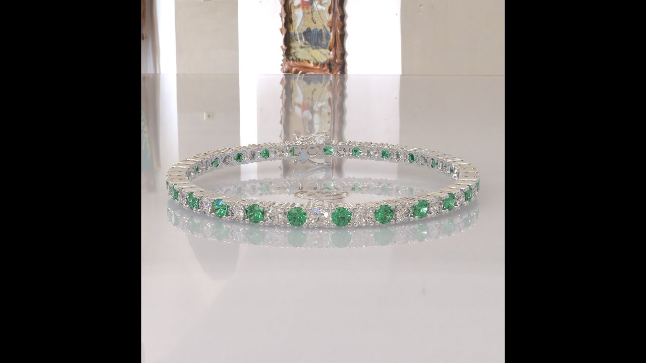 Unique Locking Moissanite Tennis Bracelet, Green Emerald Tennis, Sterling Silver Moissanite Tennis