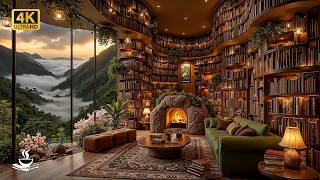 Mountain Cloud Spring Library Jazz with Endless Bookshelves | Slow Study Rhythm & Warm Firelight screenshot 3