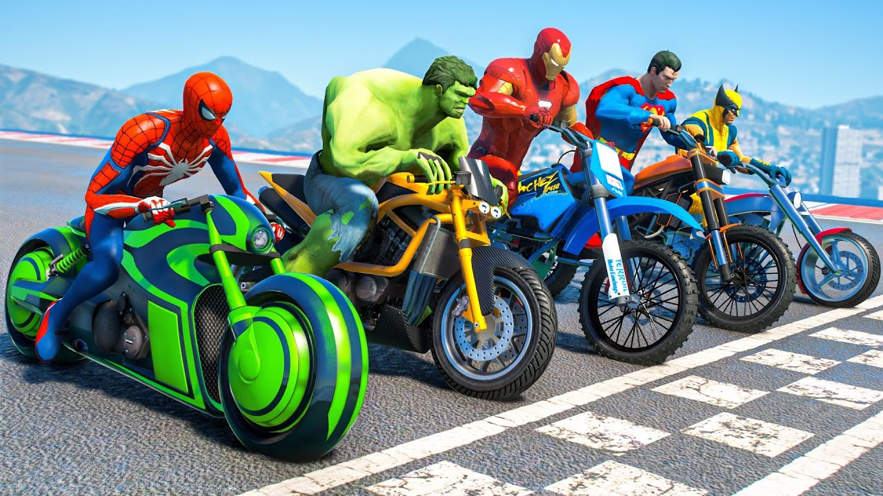SPIDERMAN  Hulk w ALL SUPERHEROES Racing Motorcycles Event Day Competition Challenge   GTA 5  273