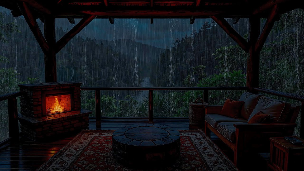 Relaxing Heavy Rain & Thunder on the Balcony ⚡🔥 Cozy Fireplace Ambience ...
