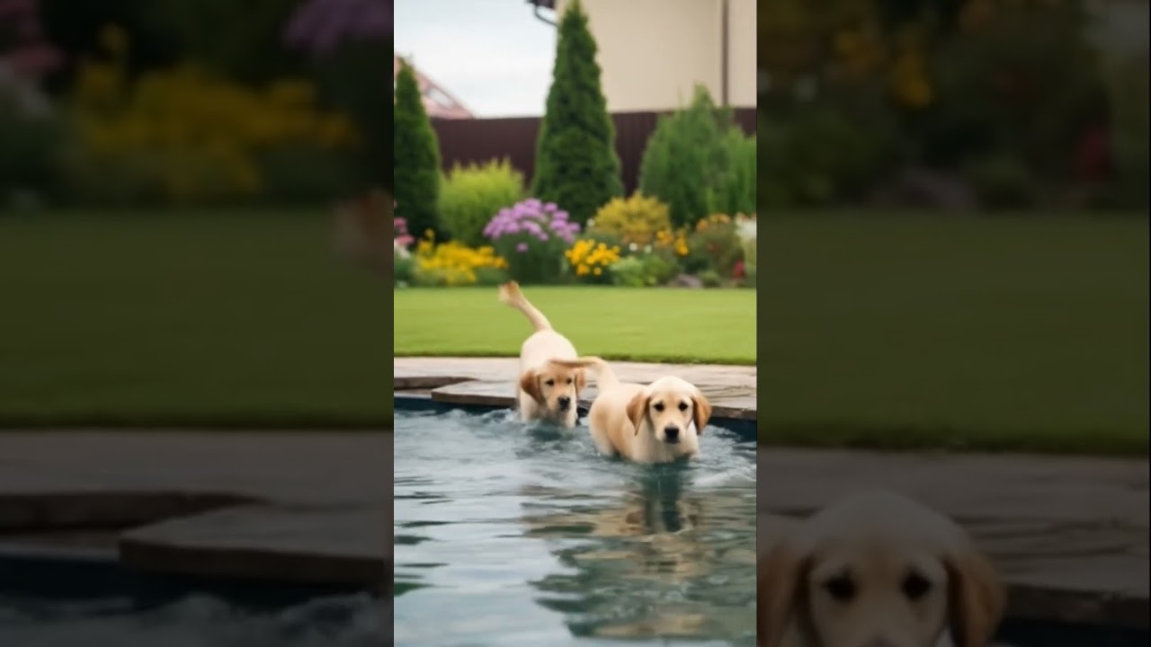 Retriever pups enjoying pool 