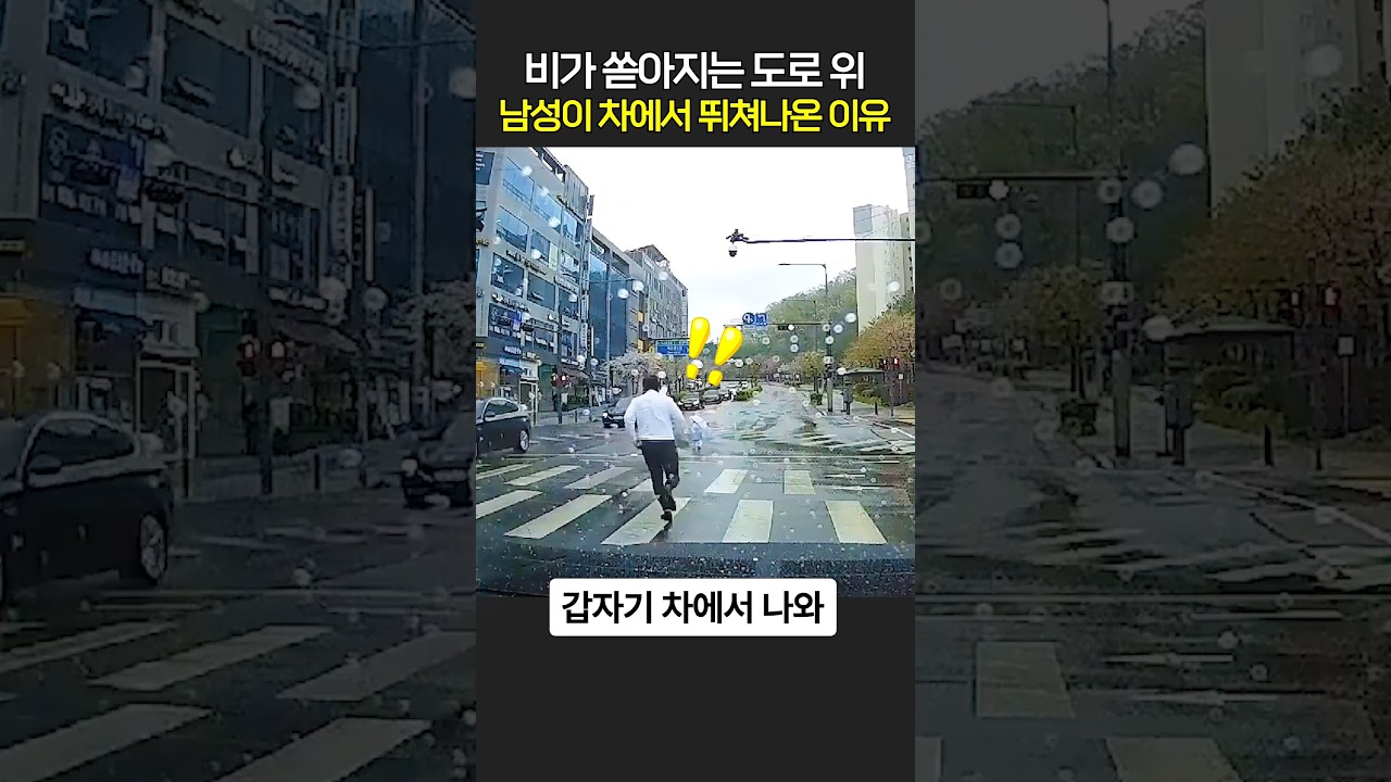 비가 쏟아지는 도로 위 남성이 차에서 뛰쳐나온 이유