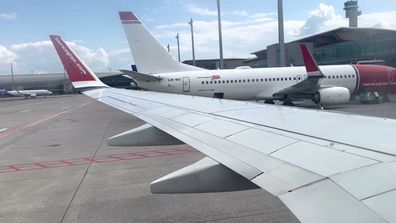 Norwegian B737-800 Pushback/taxi + take Off from Oslo Gardermoen Norway June 2023