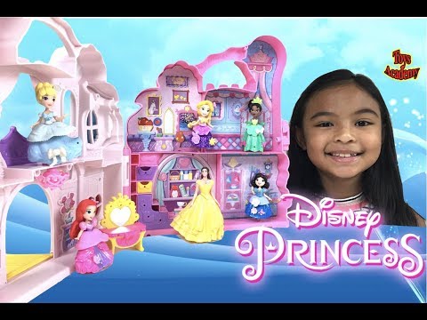 YouTube thumbnail: Disney Princess Play N Carry Castle with Cinderella Rapunzel  Ariel Tiana | Toys Academy