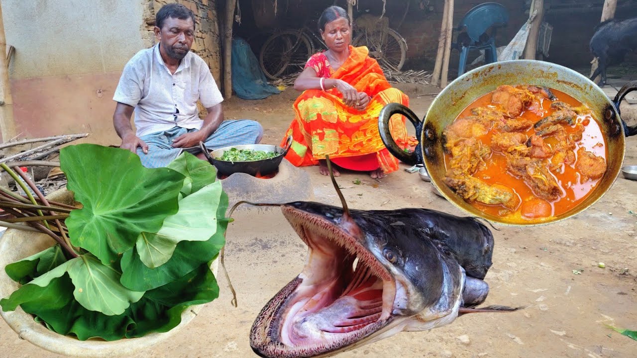 boal FISH HEAD curry cooking and KOCHU SHAK recipe by tribal husband & wife|rural life cooking 