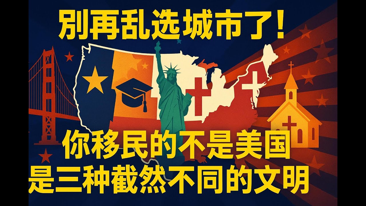 美国不是统一文化体，是三个完全不同的文明联盟！你选的城市，决定你和你孩子未来的价值观、生活方式，甚至是安全感！你移民到了美国，就到了“同一个美国”？想清楚再选，不然可能是文化冲突、教育错配、身份焦虑！